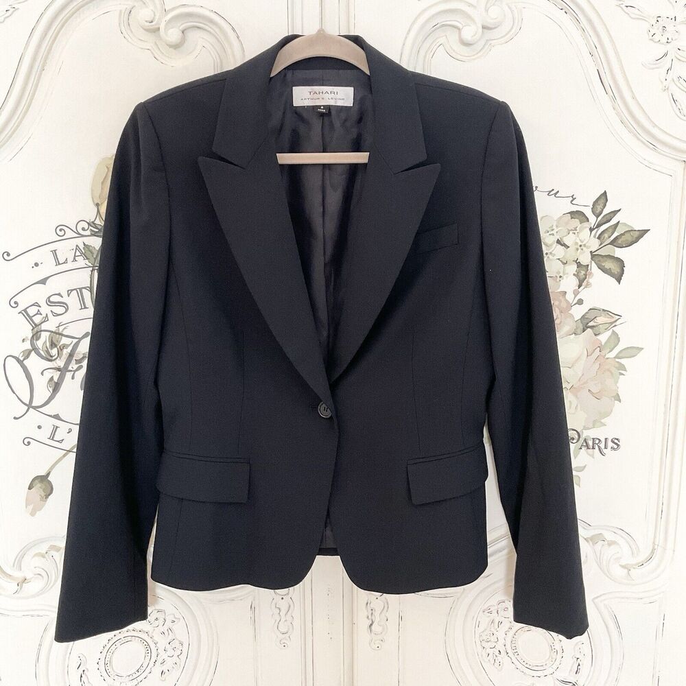 Tahari By Arthur S Levine Women's Blazer Black Pockets Notched Collar, Size 8